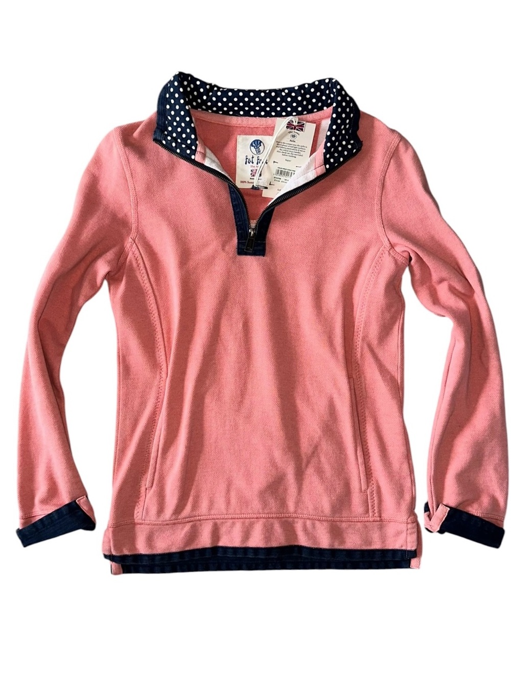 Fat Face Pink Half-Zip Pullover with Navy Polka Dot Collar